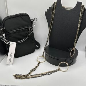 Chico's Black Crossbody Bag w Chain Detail & multi-strand necklace NWT $79 retai